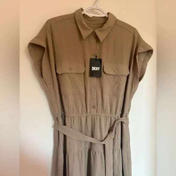 NWT DKNY Khaki Tiered Button Down Tie Waist Midi Dress Sz 12 - Picture 3 of 9